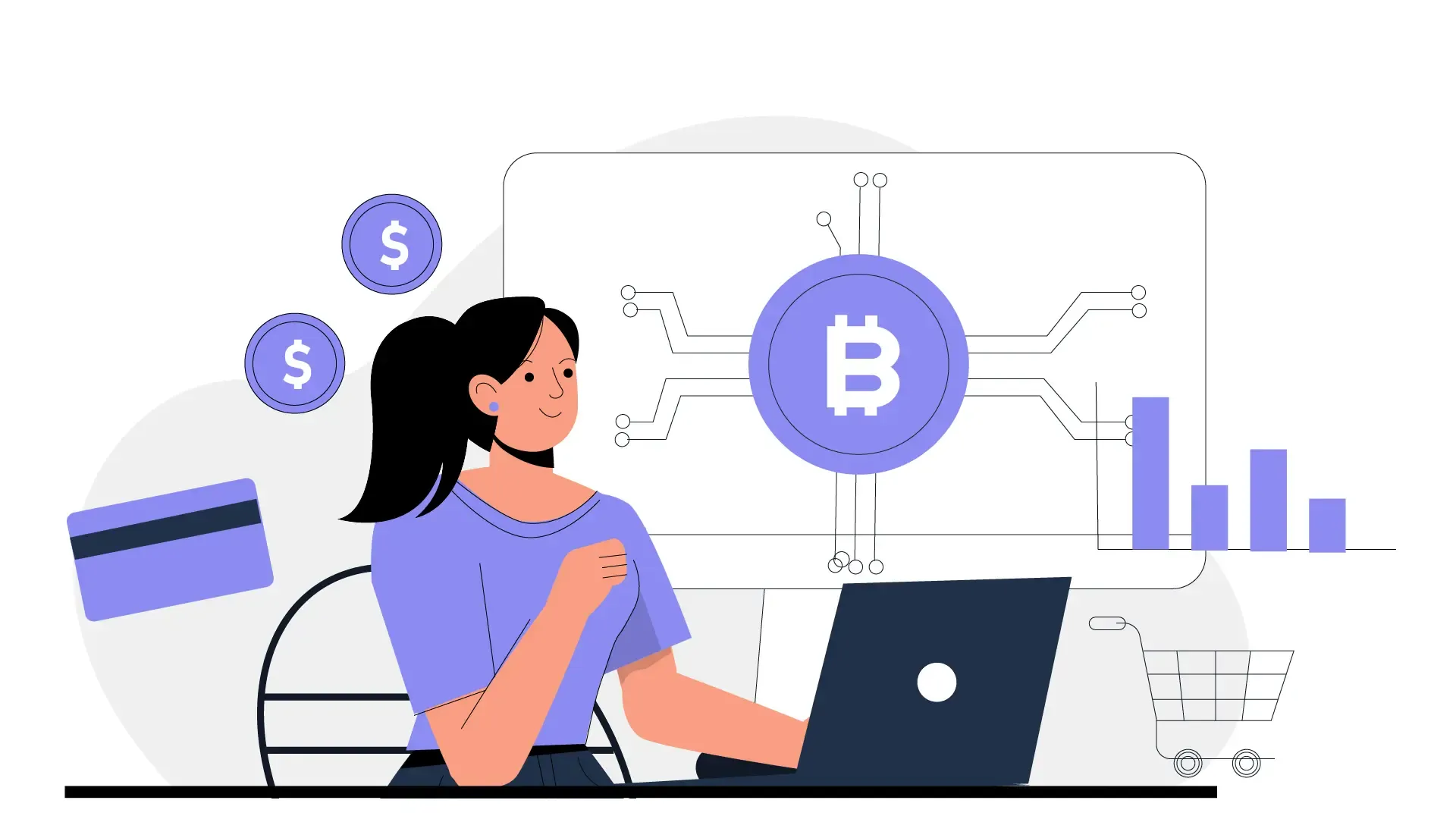 Woman Conducting Transactions for Bitcoin Investment on Laptop Flat Illustration